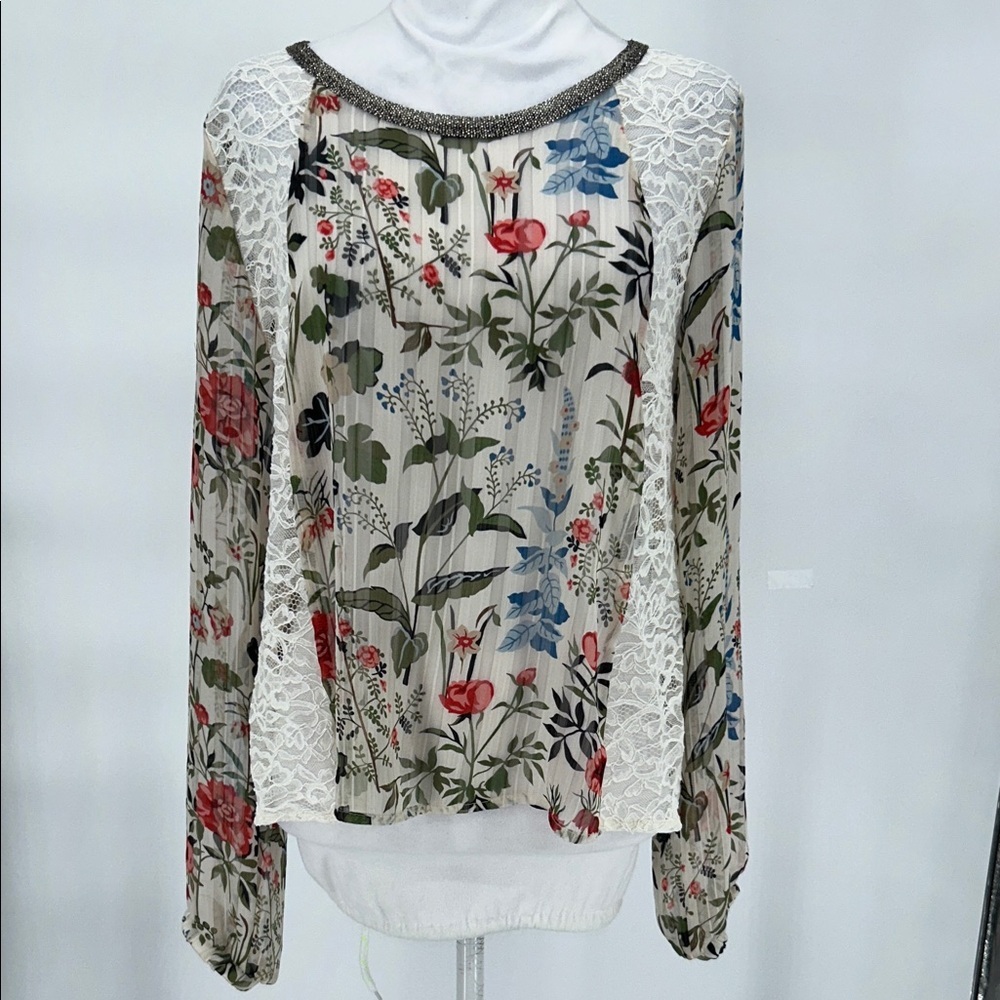 Loyd/Ford Plam Spring Women's Long-Sleeve Lace Floral  Sheer Blouse Size L